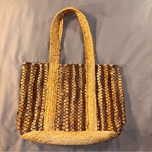 Handwoven Recycled Leather & Virgin Jute Everyday Tote Boho Beach Vacation Tan